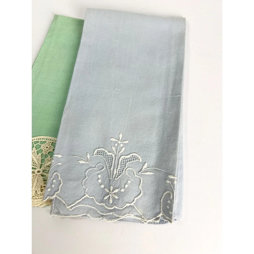 Vintage MCM guest towels teatowels set of 3 embroidered needlework lace